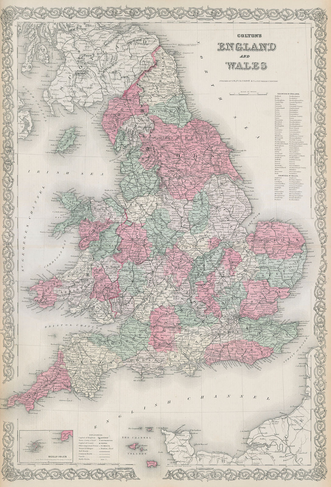Colton's England and Wales in counties. Decorative antique map 1869 old